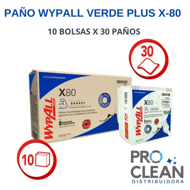 GENERICO - Paño De Limpieza Wypall X-80 Verde 10 Bolsas X 30 Paños