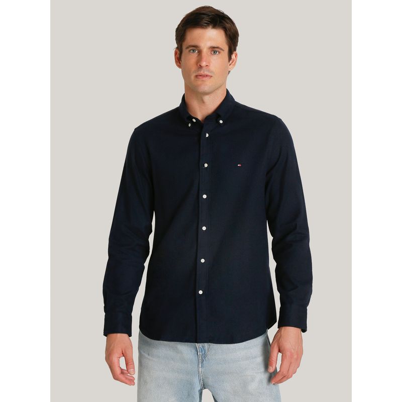 TOMMY HILFIGER - Camisa Herringbone Solid Regular Fit Azul Tommy Hilfiger_.