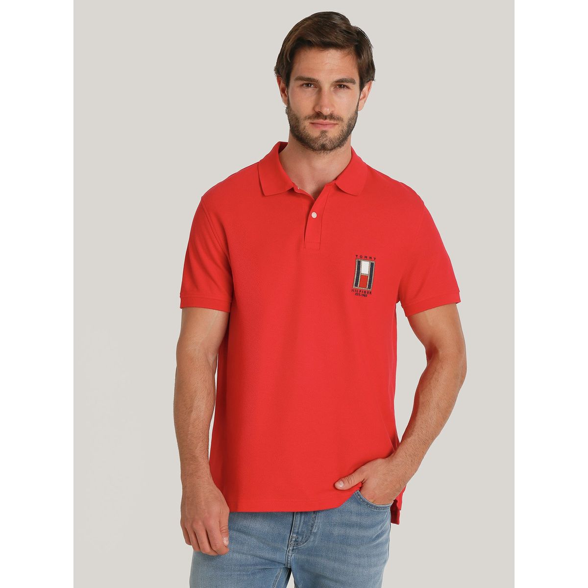 TOMMY HILFIGER - Polo De Corte Regular Con Logo Vertical Rojo Tommy Hilfiger