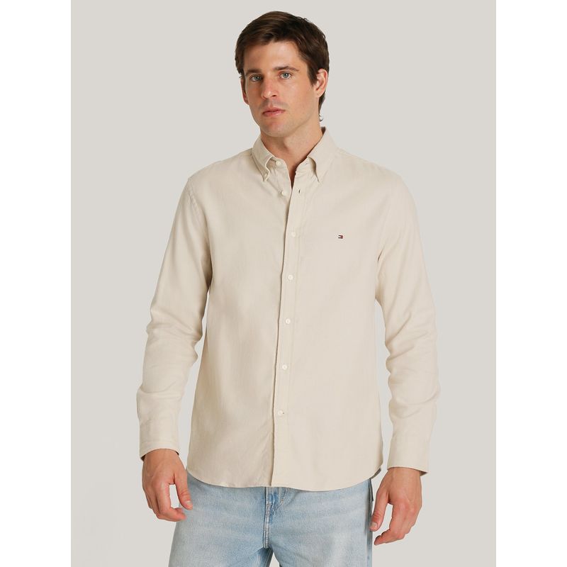 TOMMY HILFIGER - Camisa Herringbone Solid Regular Fit Beige Tommy Hilfiger