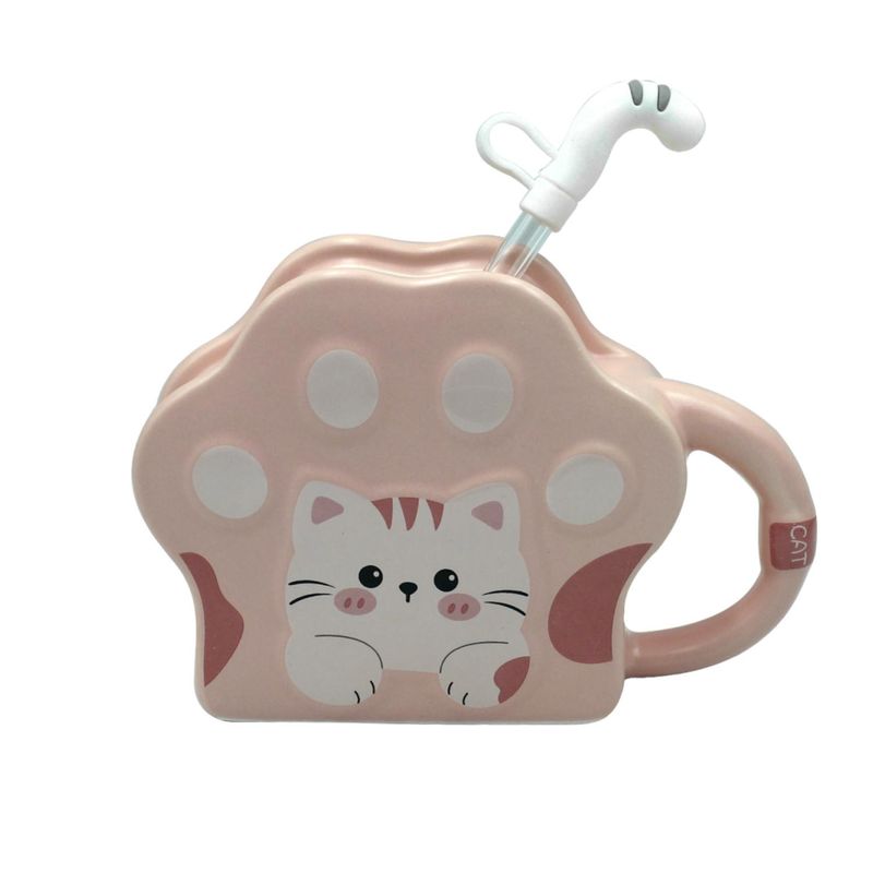 GENERICO - Tazon Taza De Ceramica Con Bombilla Huella Gatito Rosado