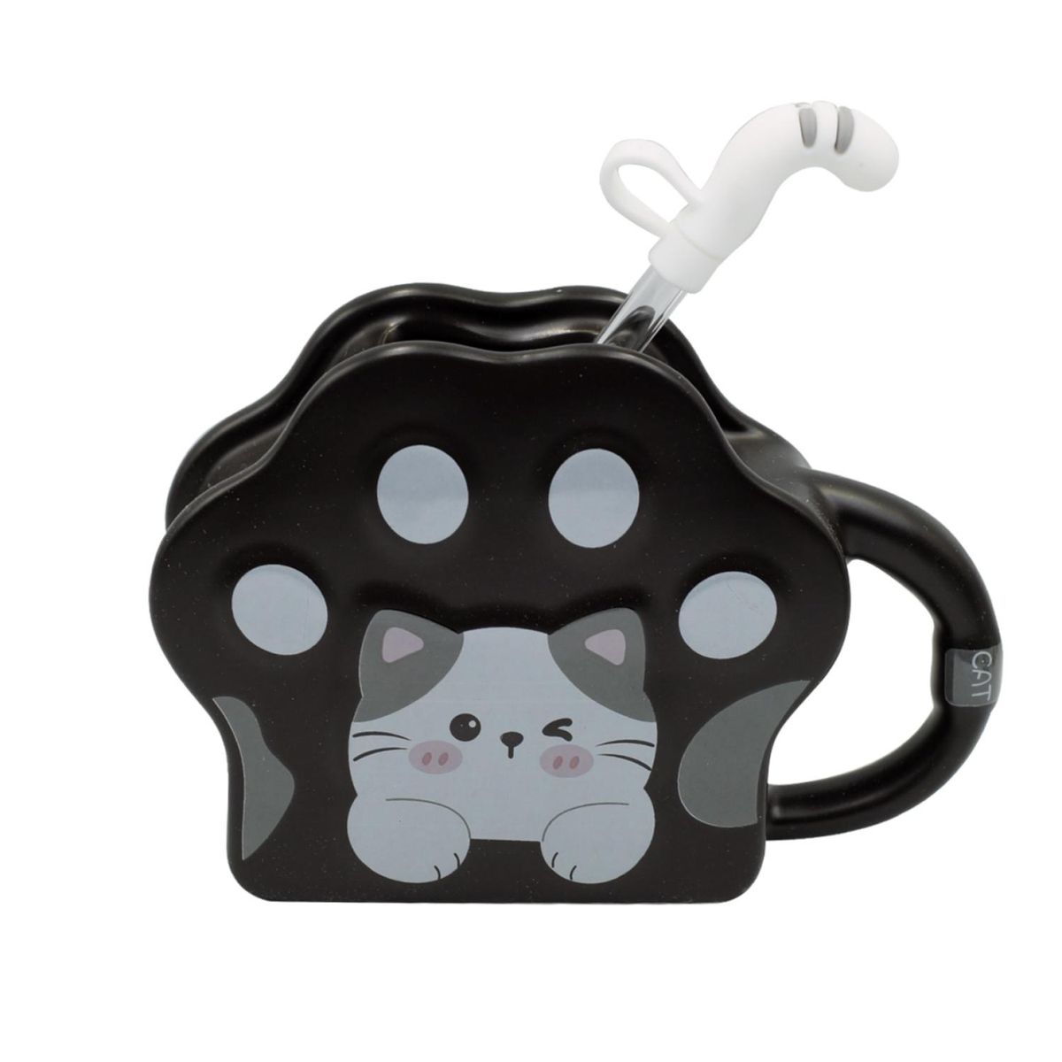 GENERICO - Tazon Taza De Ceramica Con Bombilla Huella Gatito Negro