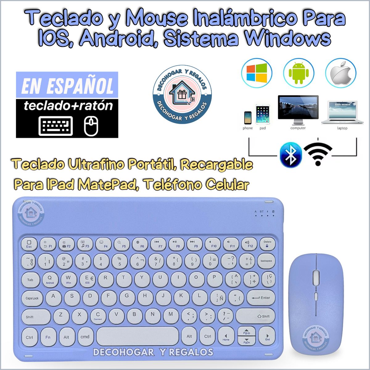 GENERICO - Kit Teclado y Mouse Inalámbrico Bluetooth Recargable En Español