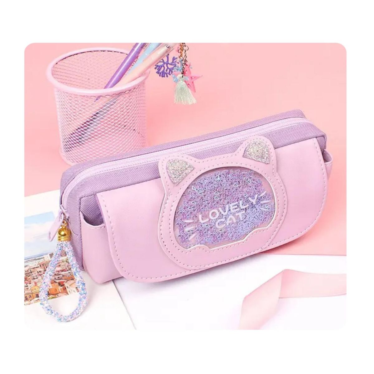 GENERICO - Estuche Cartuchera Diseño Gatito Morado Kawaii