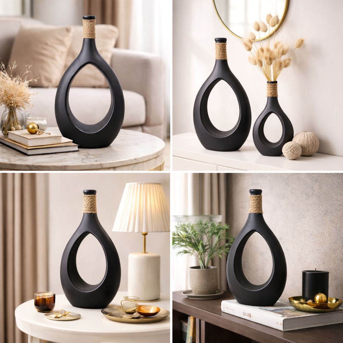 GENERICO - Florero Céramica Botella Con Cuerda 35cm NEGRO