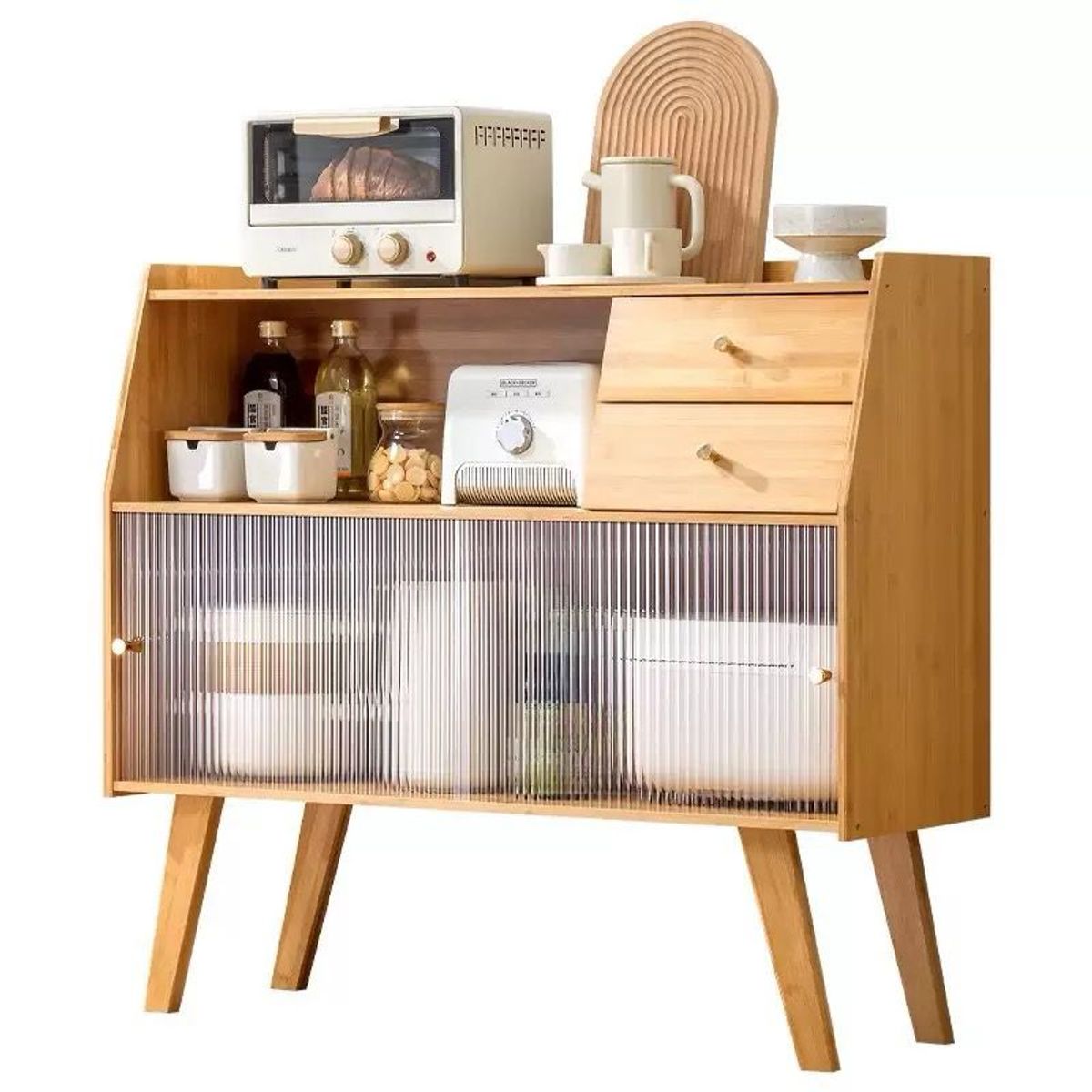 IDEEHOUSE - Despensa Aparador De Cocina 2 Puertas 2 Cajones Bambú