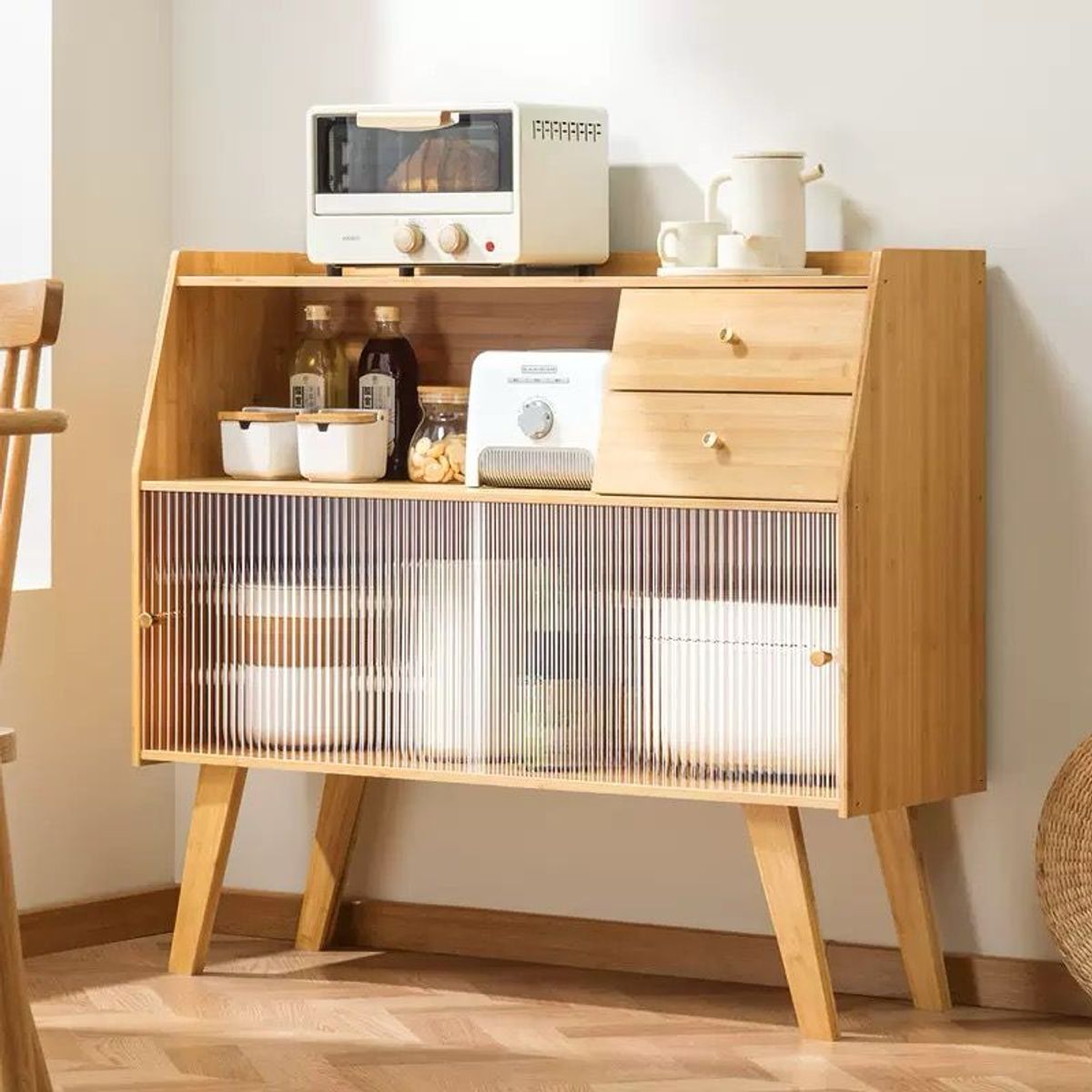 IDEEHOUSE - Despensa Aparador De Cocina 2 Puertas 2 Cajones Bambú