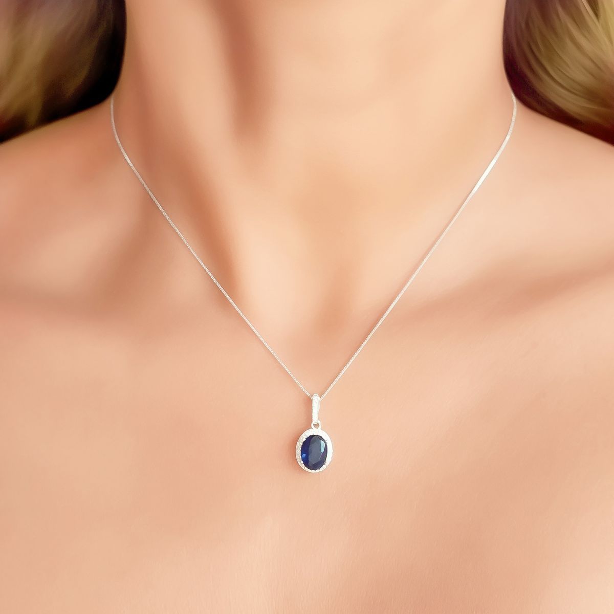 COGGIOLA - Collar Lady Circón Óvalo Azul Blanco Plata Fina 925