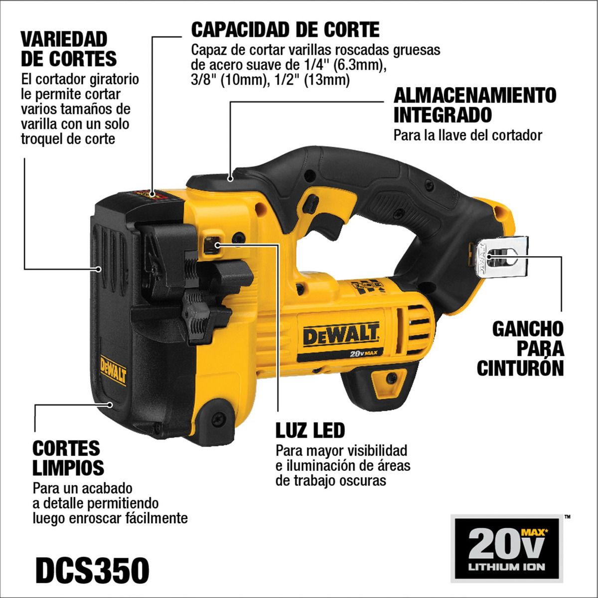 DEWALT - Cortador De Varilla Roscada 20v Sin Batería Dewalt Dcs350b