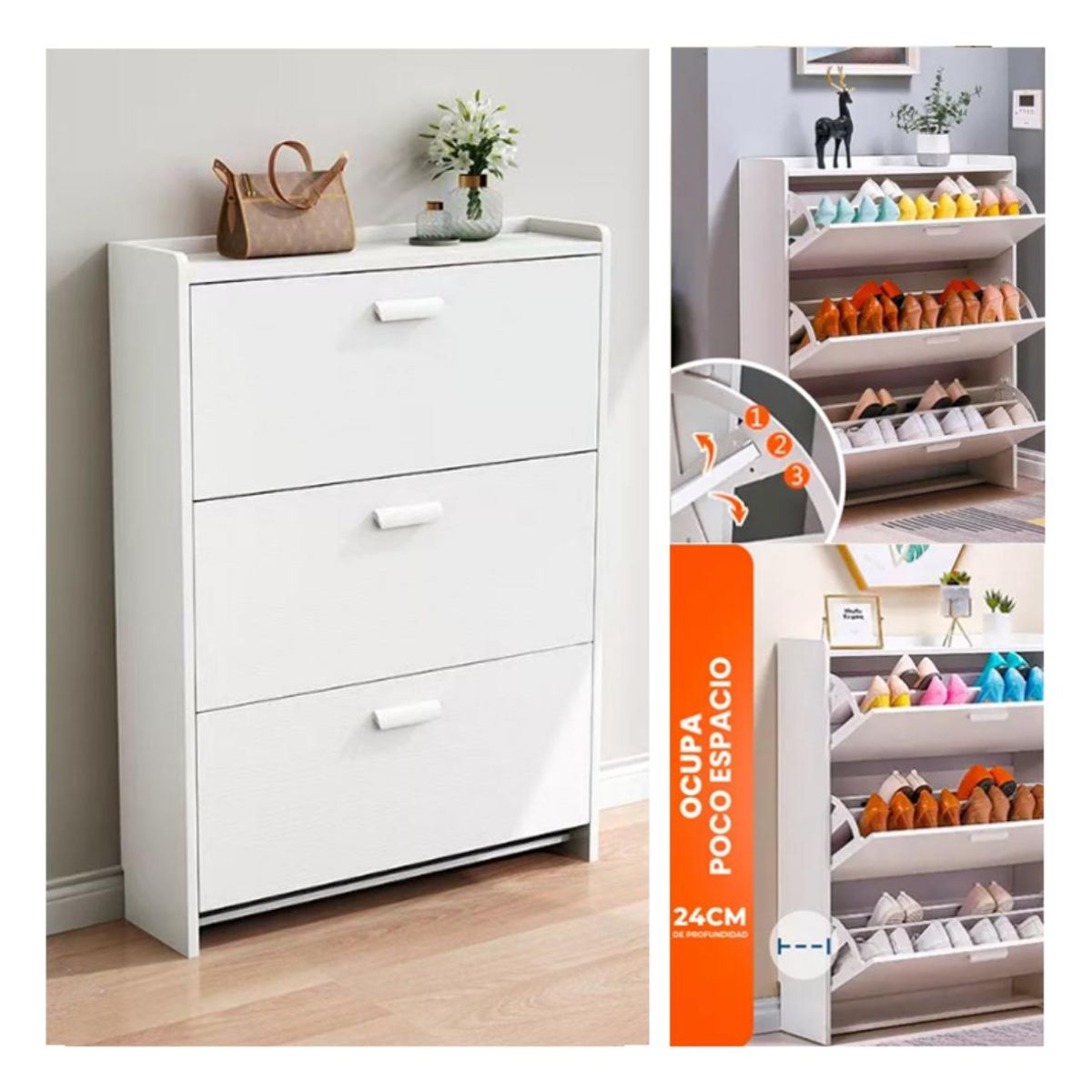 ACTUAL - Zapatero 3 Puertas Organizador de Calzado Estilo Moderno 107x65x24