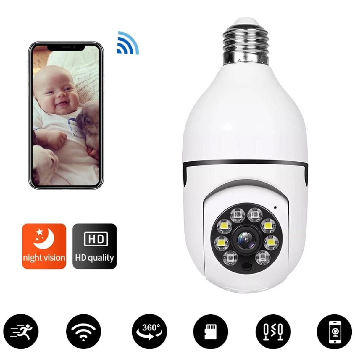 GENERICO - Cámara de Seguridad Tipo Ampolleta 1080+360° Wifi Nocturna