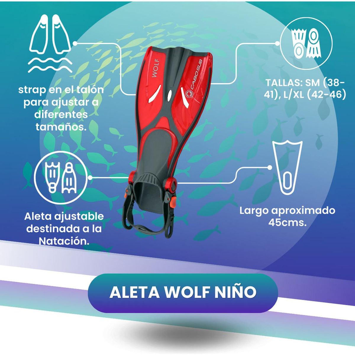 CABOSUB - Aleta de Natación Wolf Niño Comodidad y Velocidad - Rojo - 27/30