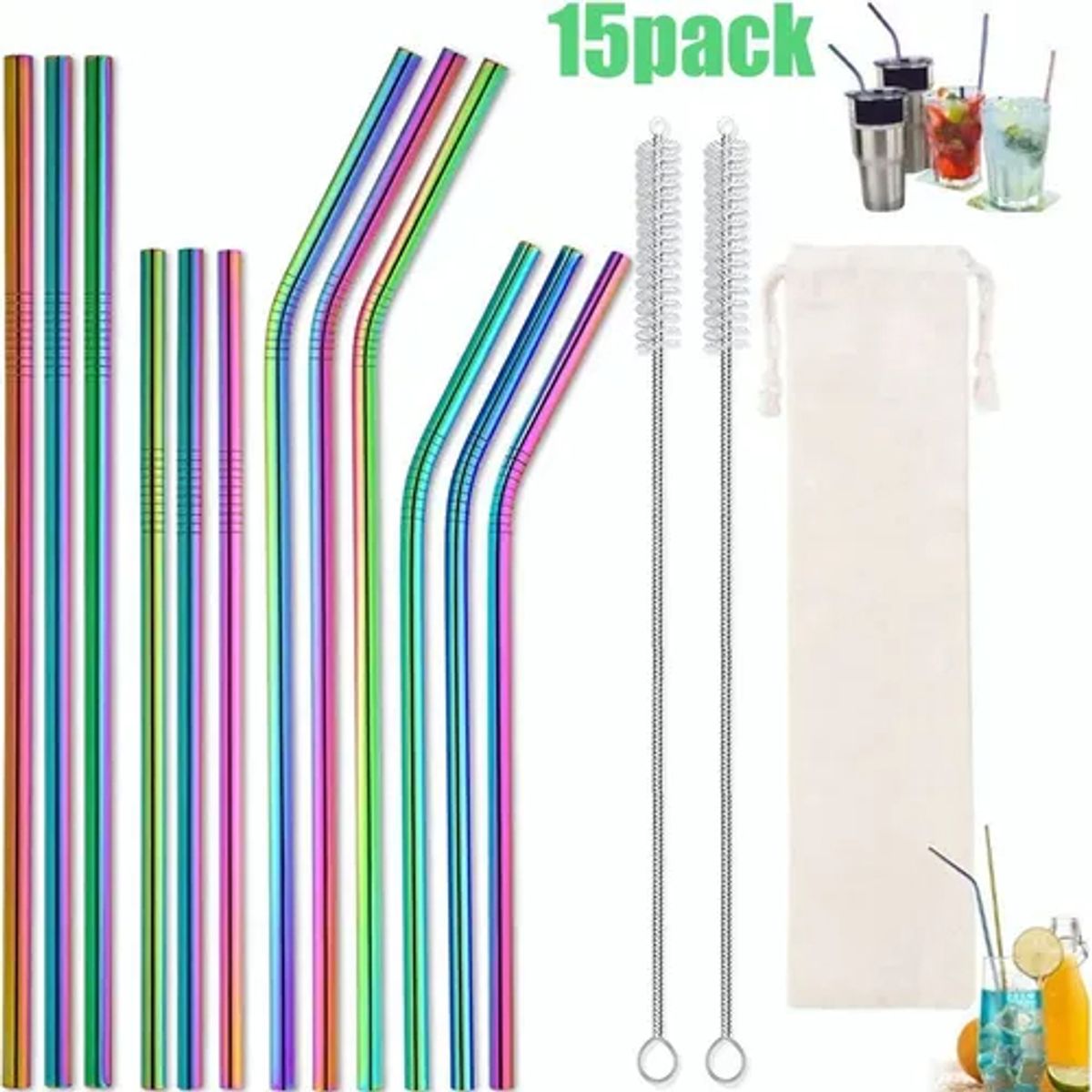 Bombillas Reutilizables Metalicas 12 Bombillas + 2 Cepillos, marca EDWINAYY - Foto Principal
