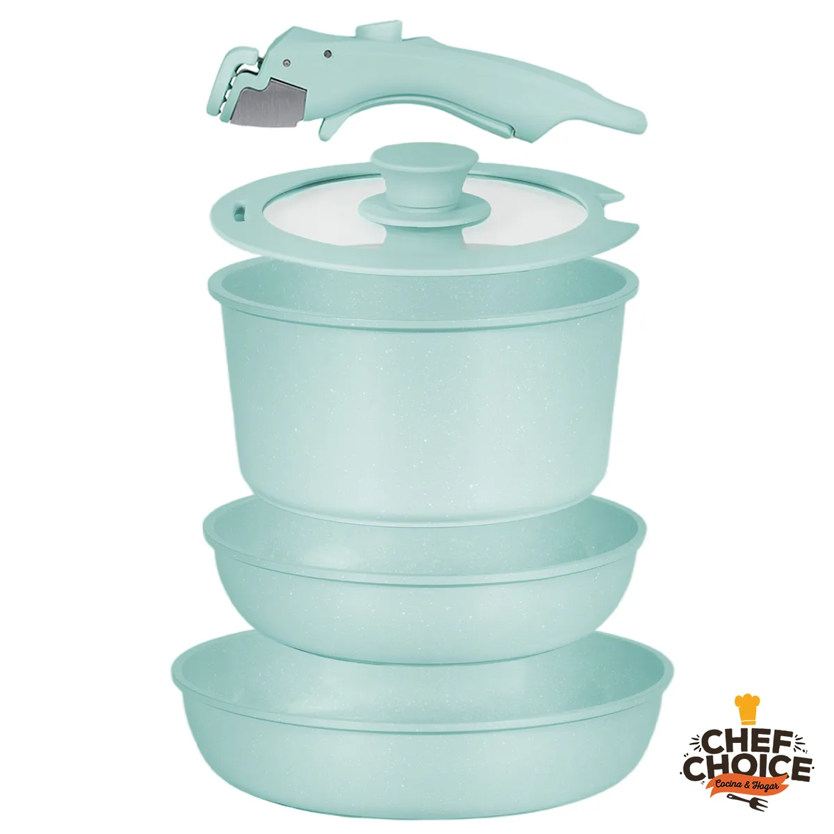 CHEFCHOICE - Batería Cocina 5 Pcs Granito Antiadherente Smart Mango Verde Macaron