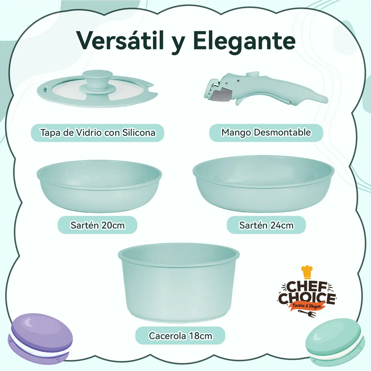 CHEFCHOICE - Batería Cocina 5 Pcs Granito Antiadherente Smart Mango Verde Macaron