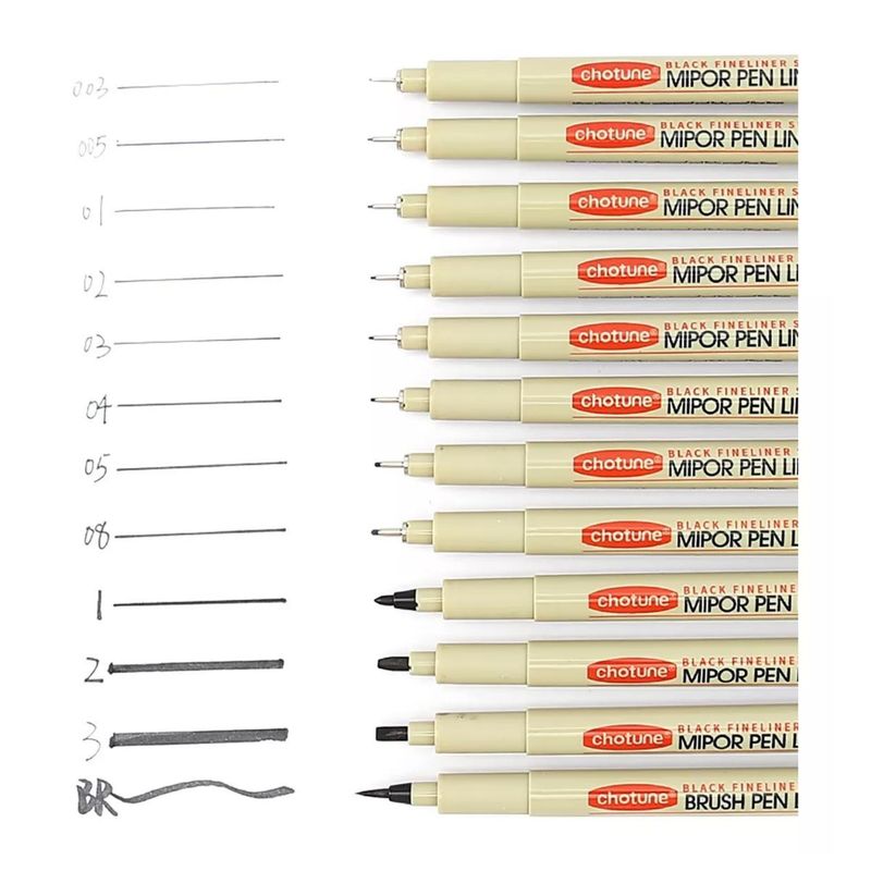 GENERICO - Set 12 Lápices Tiralíneas Negros Fineliner Dibujo Manga