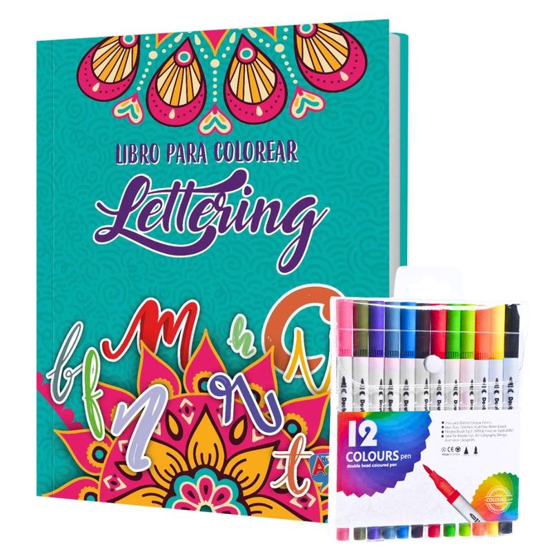 GENERICO - Set Libro Lettering 64 Páginas + 12 Plumones Doble Punta