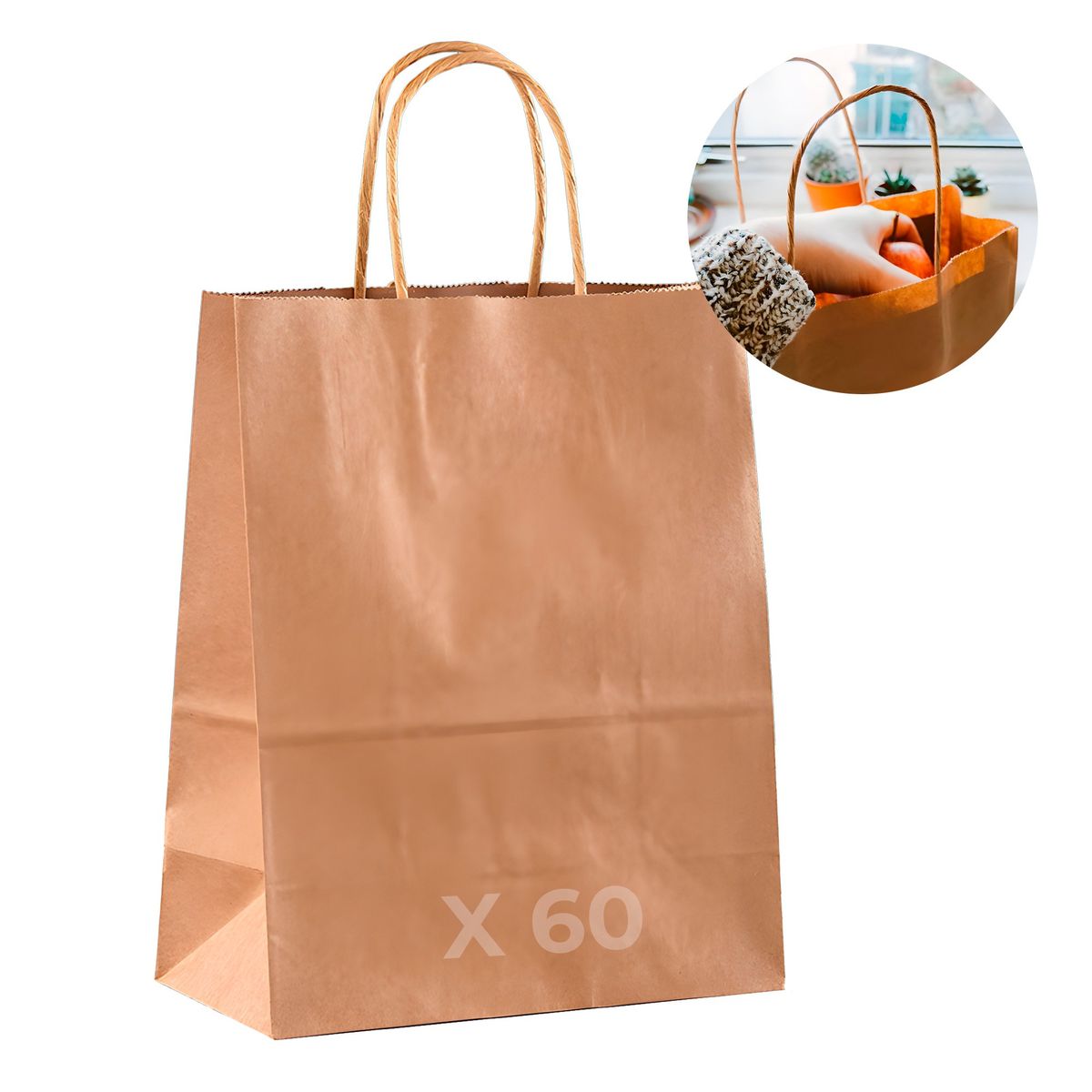 GENERICO - Bolsa Papel Kraft Ecológica Marrón 21X11X27 CM Pack X60