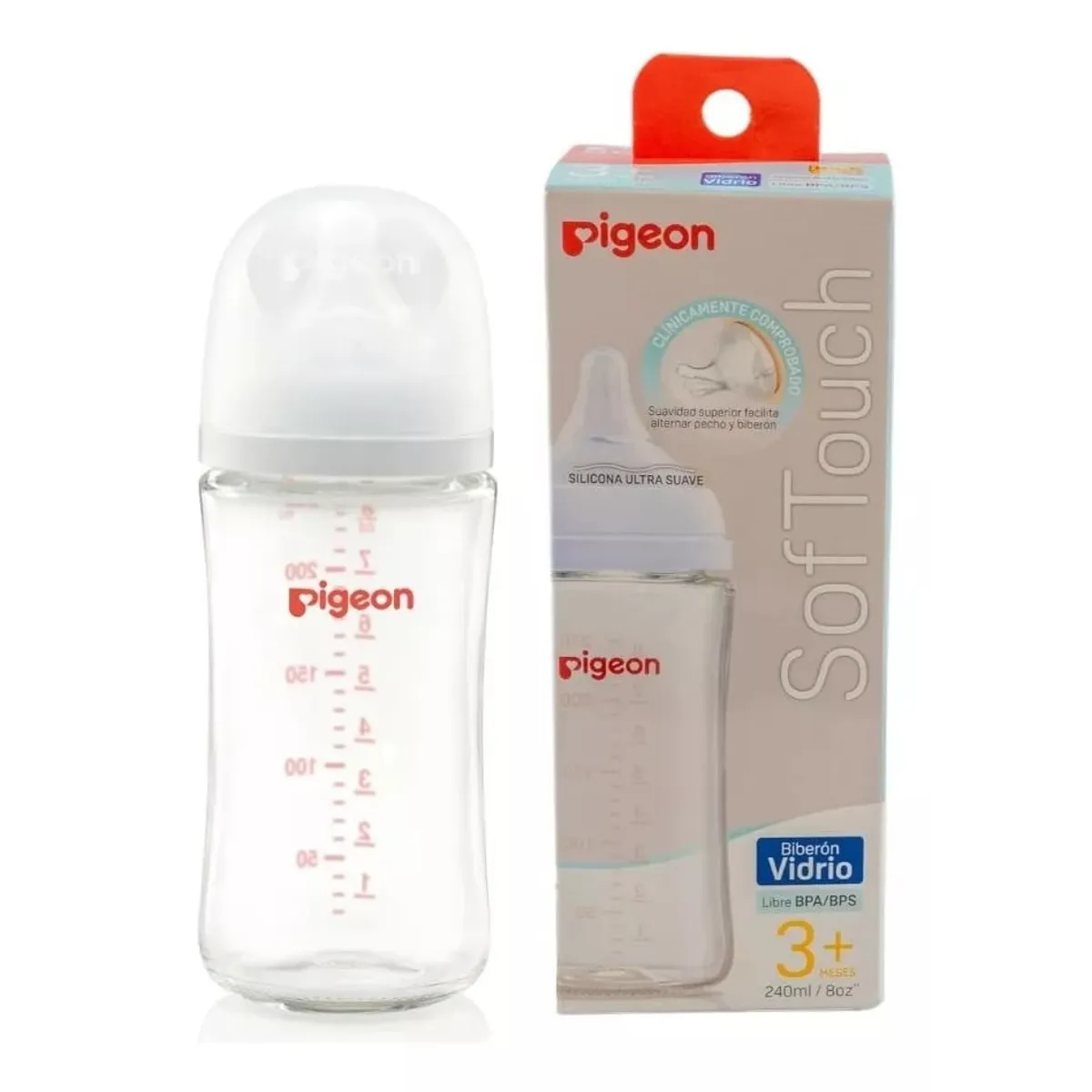 PIGEON - Mamadera Pigeon Softouch Boca Ancha 240ml Vidrio - 3+ Meses