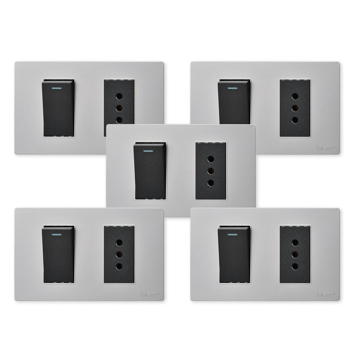 WANT - Pack 5 Interruptor 1 912 16A y Tomacorriente 1 10A - Gris Negro