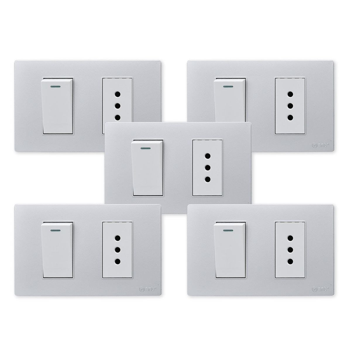 WANT - Pack 5 Interruptor 1 912 16A y Tomacorriente 1 10A - Gris Blanco