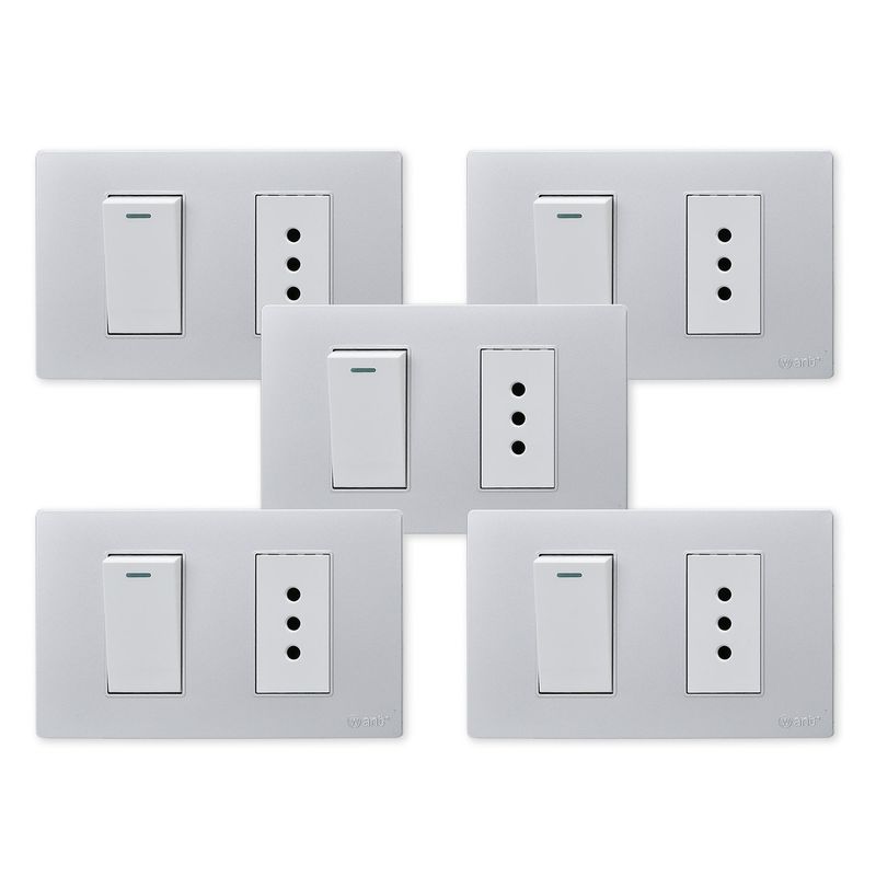 WANT - Pack 5 Interruptor 1 912 16A y Tomacorriente 1 10A - Gris Blanco
