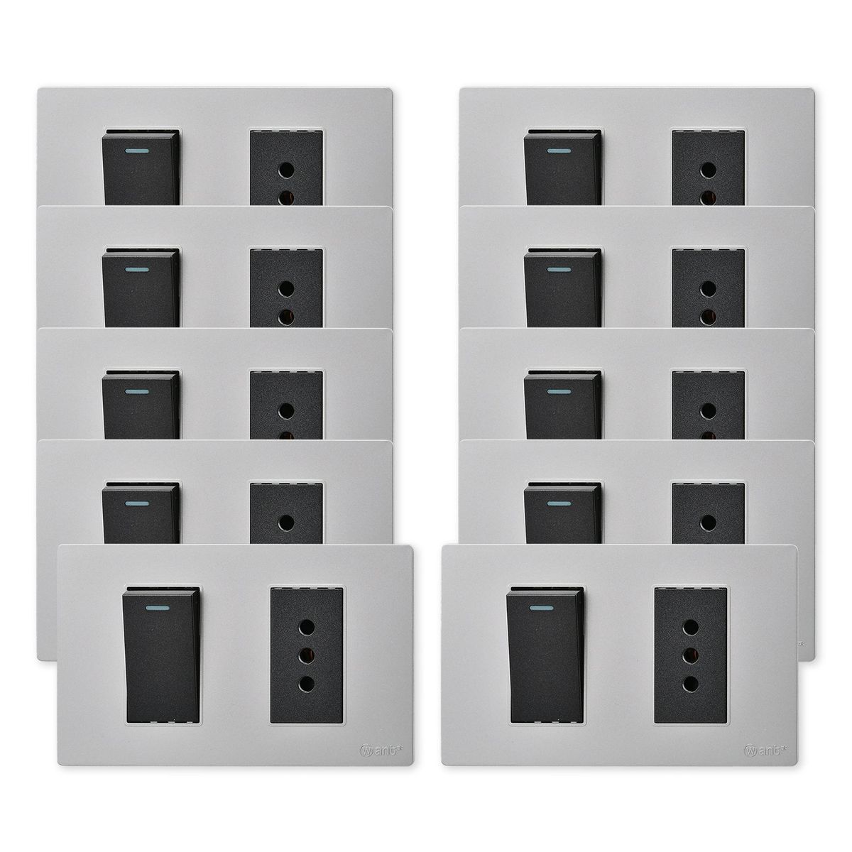 WANT - Pack 10 Interruptor 1 912 16A y Tomacorriente 1 10A - Gris Negro