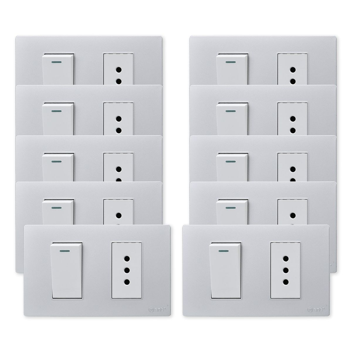 WANT - Pack 10 Interruptor 1 912 16A y Tomacorriente 1 10A - Gris Blanco