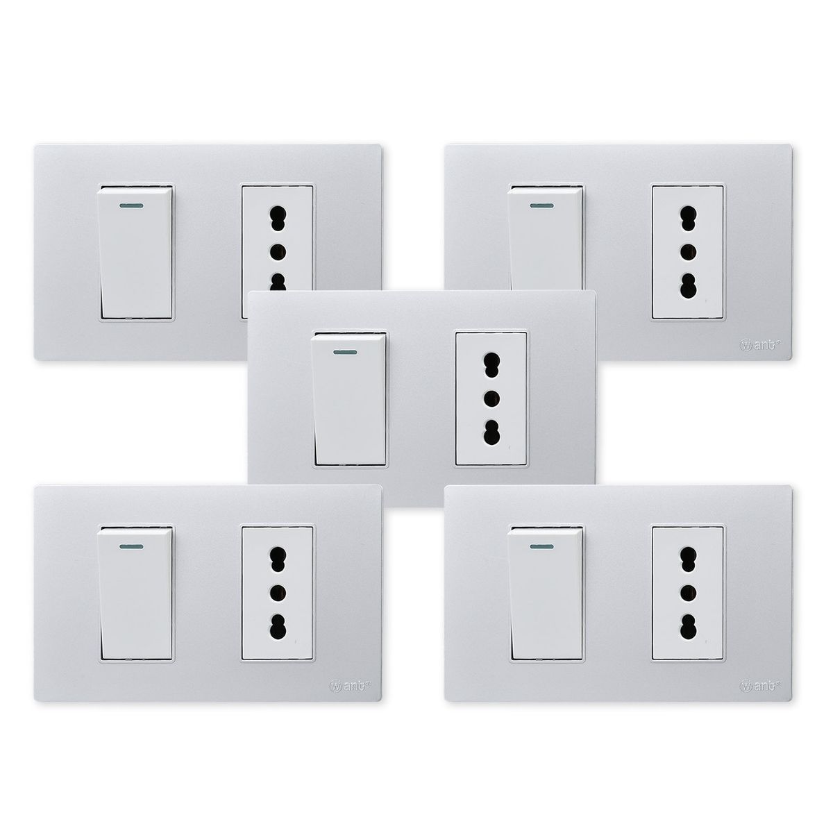 WANT - Pack 5 Interruptor 1 912 16A y Tomacorriente 1 16A - Gris Blanco