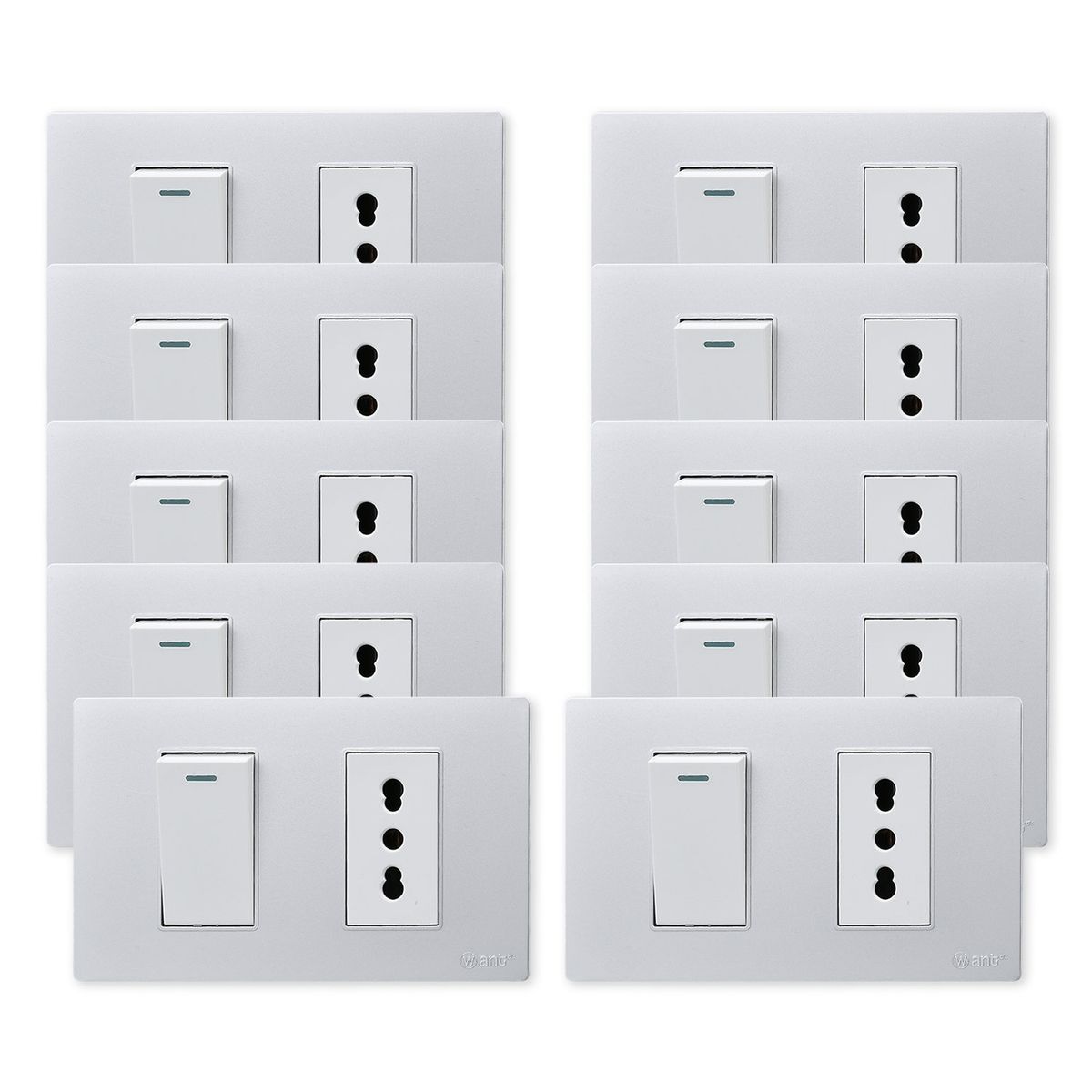 WANT - Pack 10 Interruptor 1 912 16A y Tomacorriente 1 16A - Gris Blanco