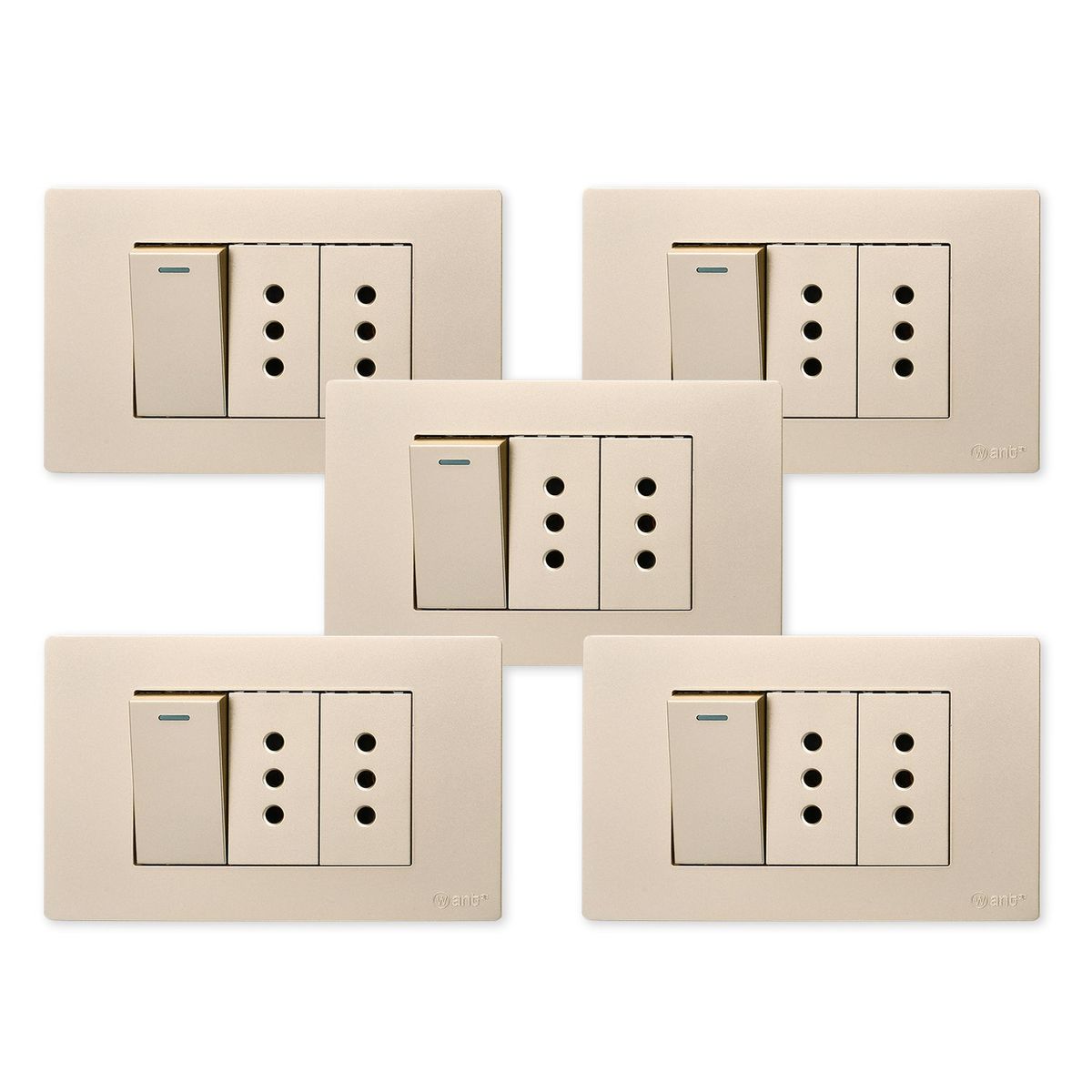 WANT - Pack 5 Interruptor 1 912 16A y Tomacorriente 2 10A - Dorado