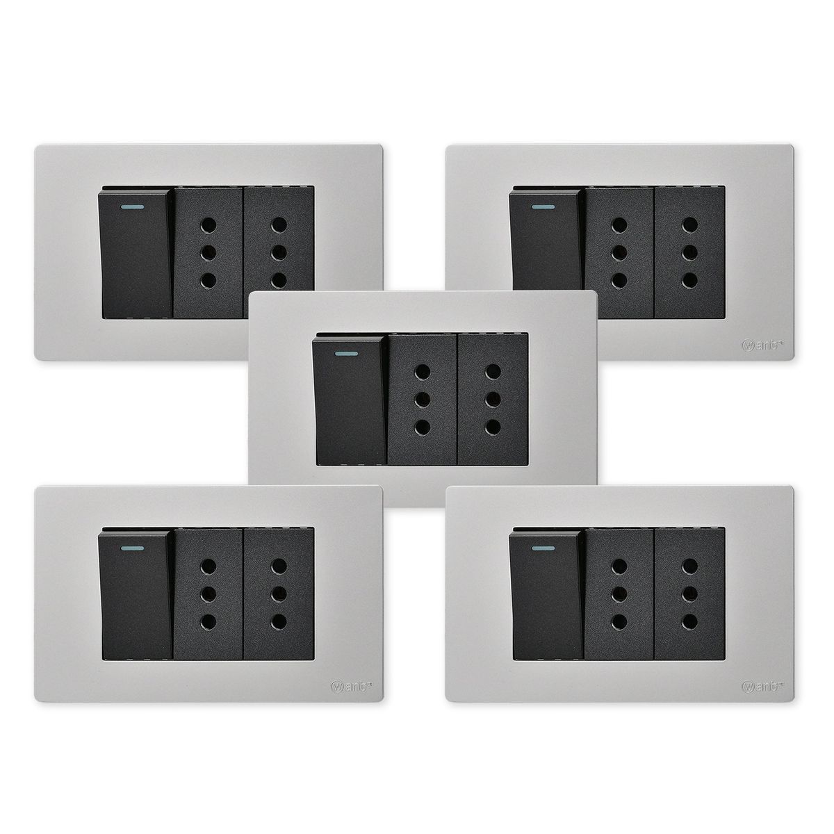 WANT - Pack 5 Interruptor 1 912 16A y Tomacorriente 2 10A - Gris Negro