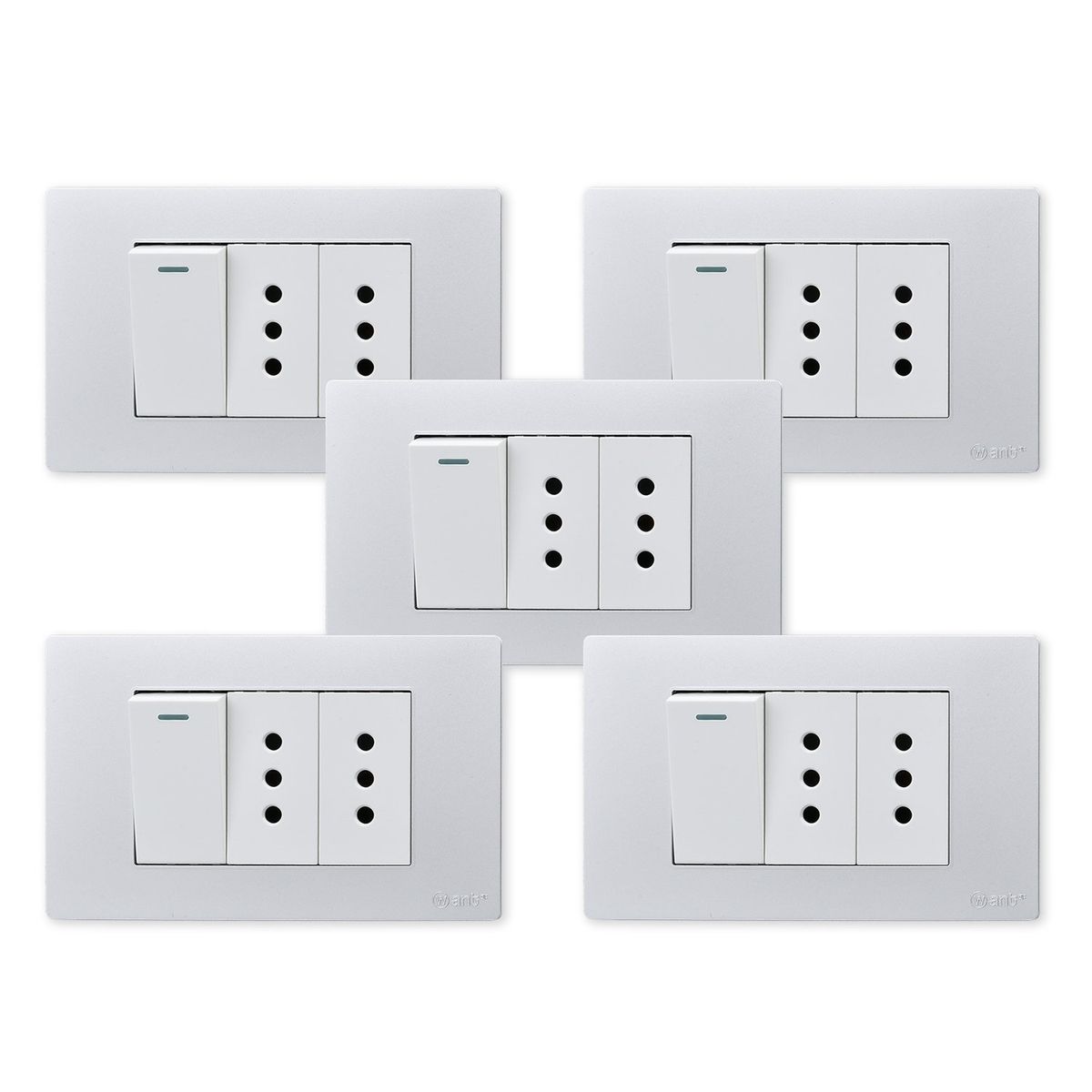 WANT - Pack 5 Interruptor 1 912 16A y Tomacorriente 2 10A - Gris Blanco