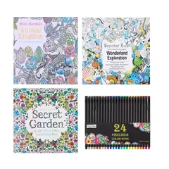 GENERICO - Mandalas 18 X18cm Para Colorear + Lápices Tiralínea 24 Color