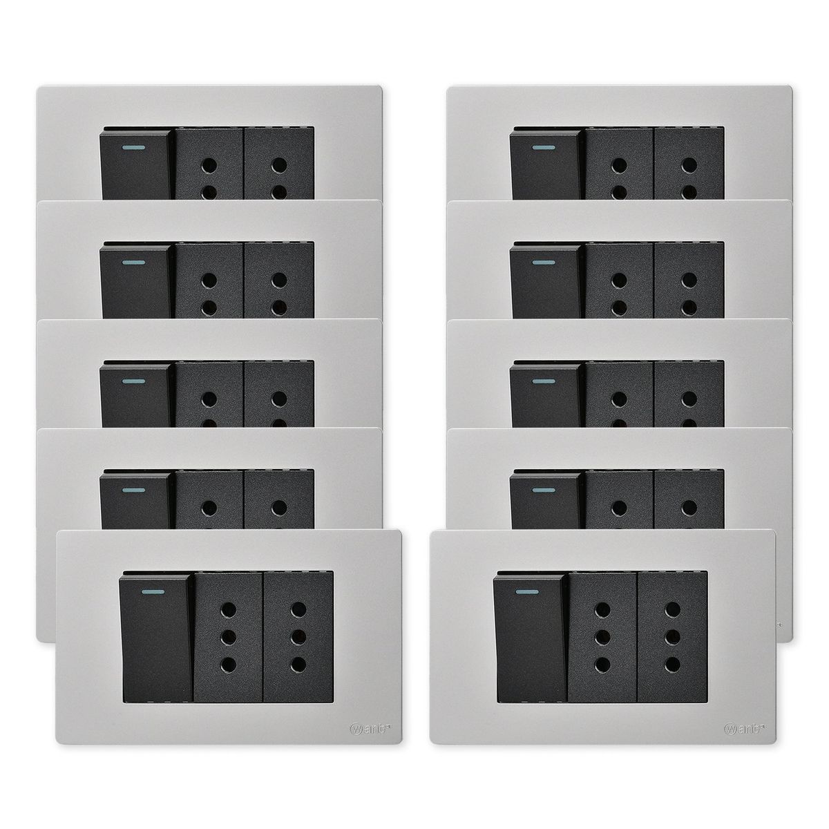 WANT - Pack 10 Interruptor 1 912 16A y Tomacorriente 2 10A - Gris Negro