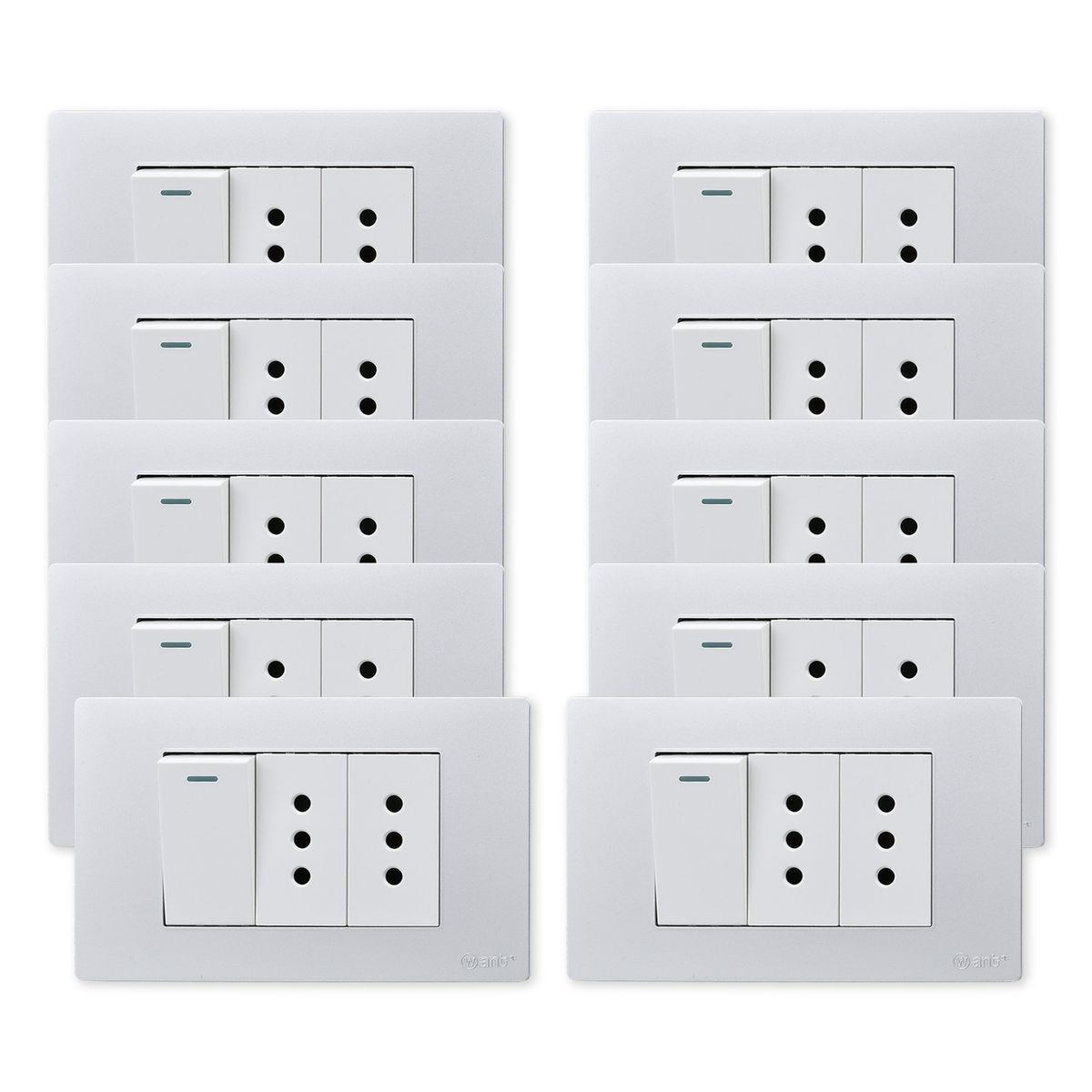 WANT - Pack 10 Interruptor 1 912 16A y Tomacorriente 2 10A - Gris Blanco