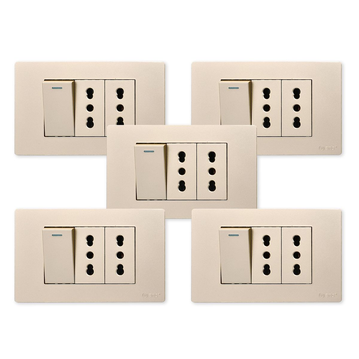 WANT - Pack 5 Interruptor 1 912 16A y Tomacorriente 2 16A - Dorado