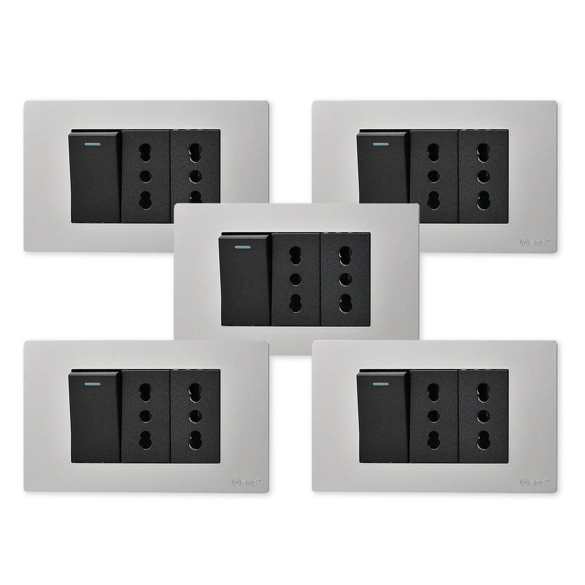 WANT - Pack 5 Interruptor 1 912 16A y Tomacorriente 2 16A - Gris Negro