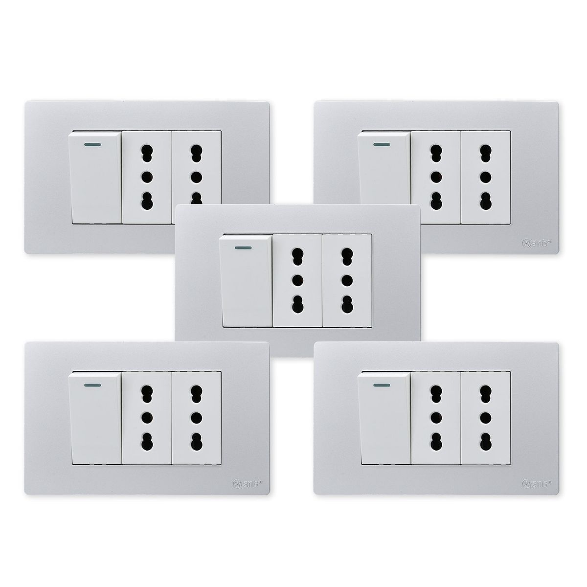 WANT - Pack 5 Interruptor 1 912 16A y Tomacorriente 2 16A - Gris Blanco