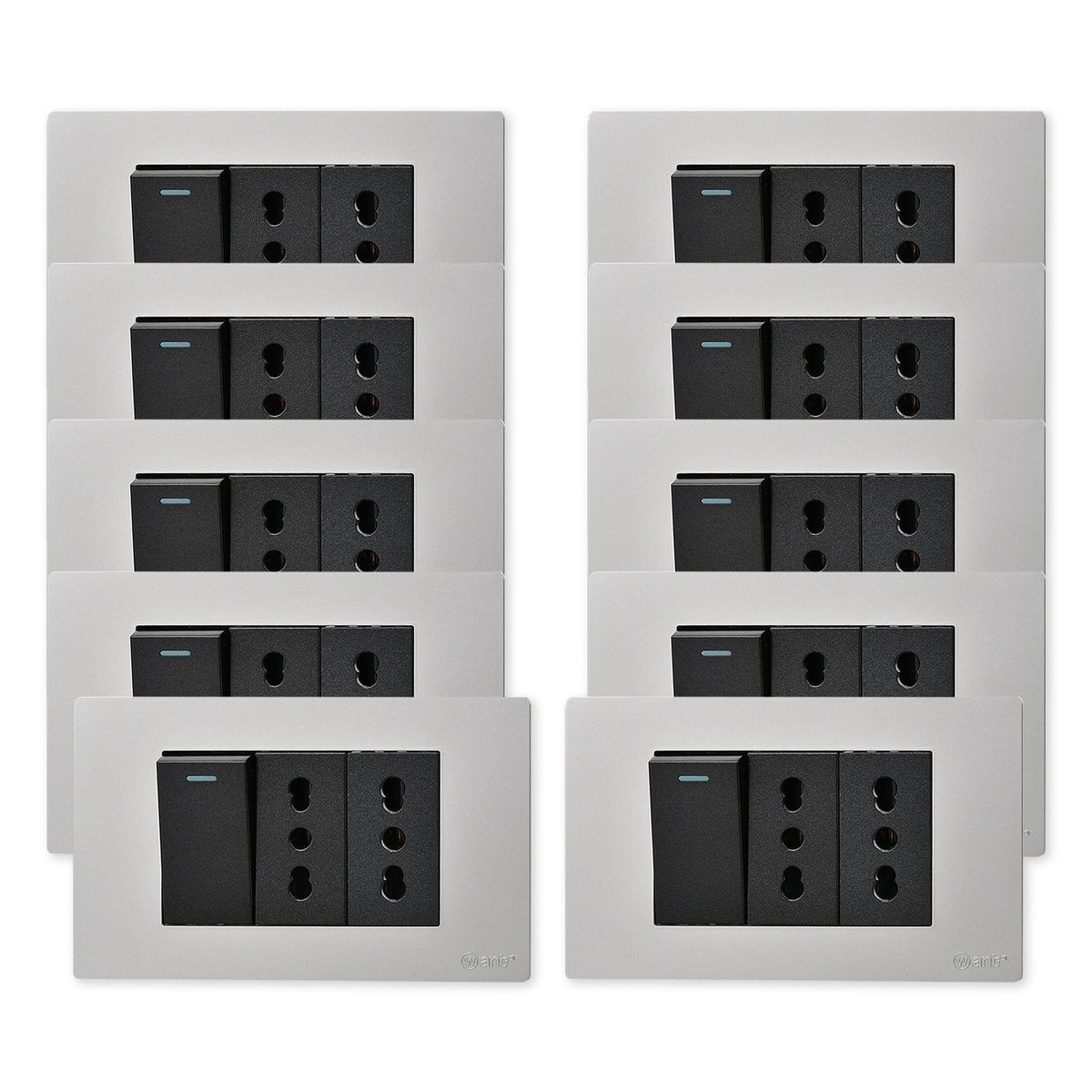 WANT - Pack 10 Interruptor 1 912 16A y Tomacorriente 2 16A - Gris Negro