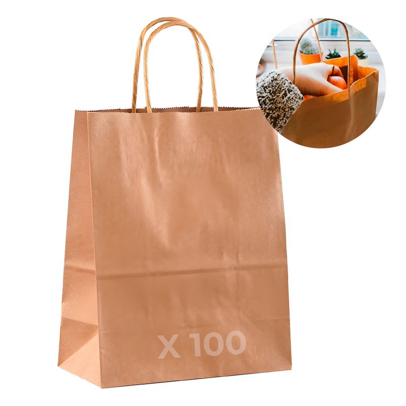 GENERICO - Bolsa Papel Kraft Ecológica Marrón 28X15X28 CM Pack X100