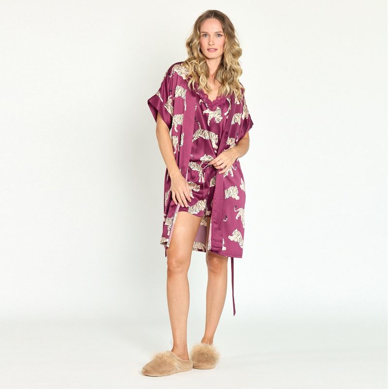 BARBIZON - Bata de Mujer Mini Satin Burdeo Estampado
