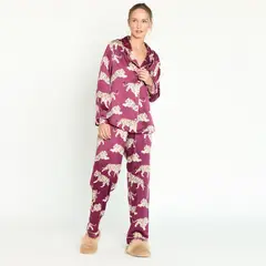 BARBIZON - Pijama de Mujer Sport Manga Larga Burdeo Estampado