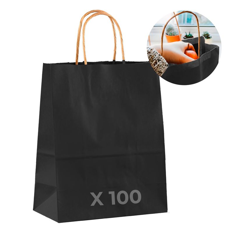 GENERICO - Bolsa Papel Kraft Ecológica Negro 15X8X21 CM Pack X100