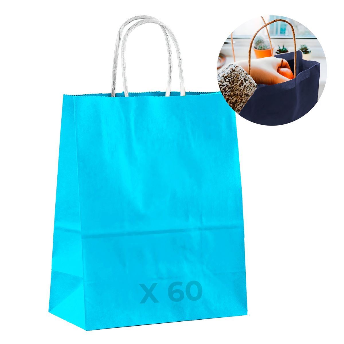 GENERICO - Bolsa Papel Kraft Ecológica Celeste 15X8X21 CM Pack X60