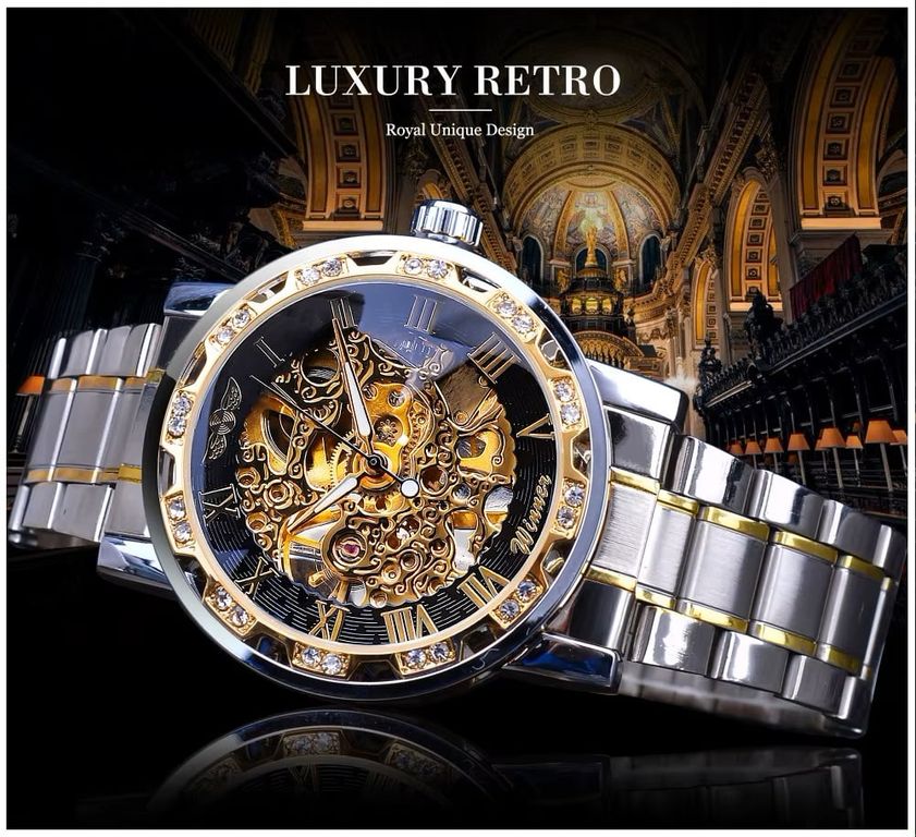 Reloj Mecanico Automatico Hombre Cristales Rhinestone Acero Inoxidable Correa Acero Inoxidable Dorado TALLA UNICA
