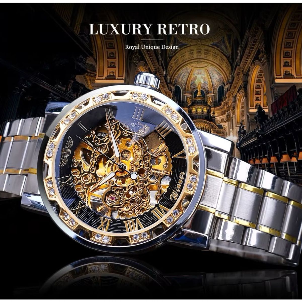 STARTECHOFFICE - Reloj Mecánico Automático Hombre Cristales Rhinestone Acero Inoxidable Correa Acero Inoxidable