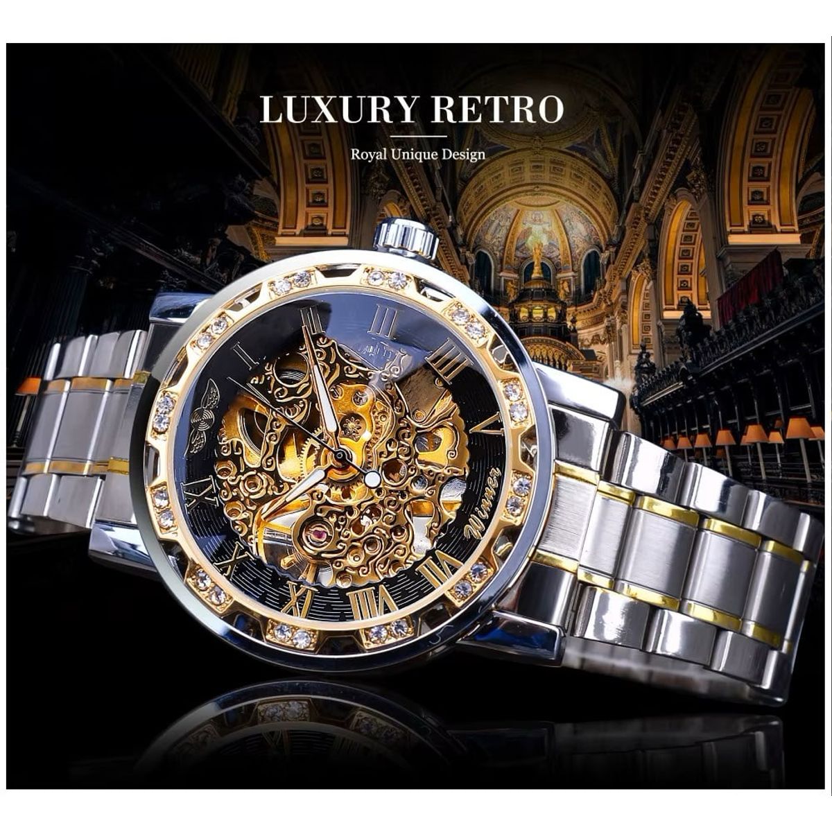 STARTECHOFFICE - Reloj Mecánico Automático Hombre Cristales Rhinestone Acero Inoxidable Correa Acero Inoxidable