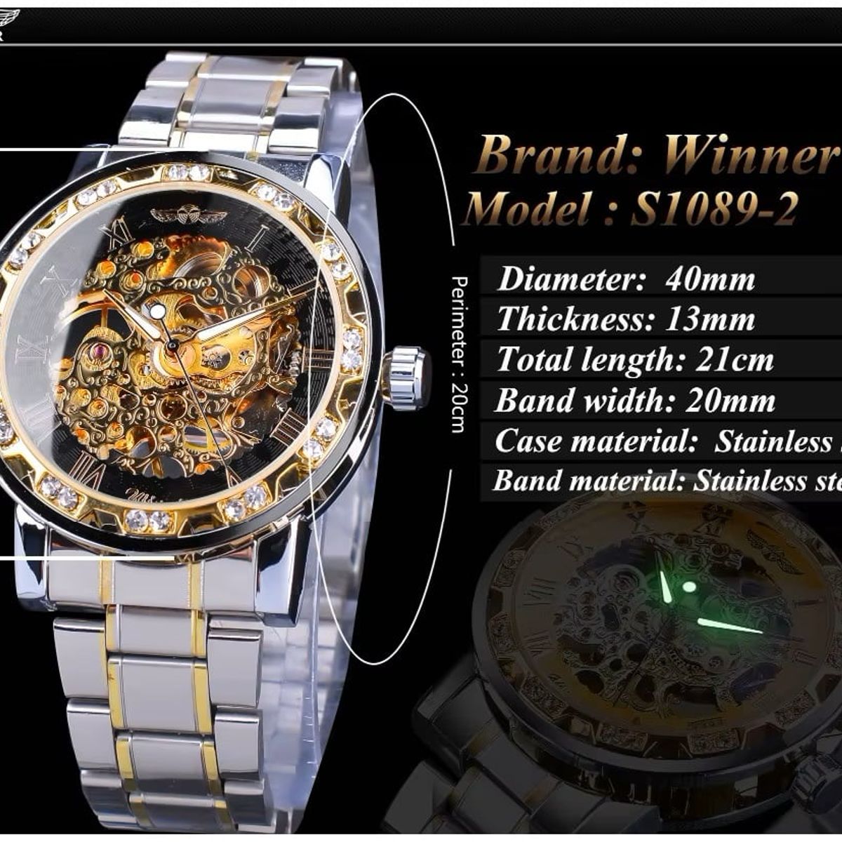 STARTECHOFFICE - Reloj Mecánico Automático Hombre Cristales Rhinestone Acero Inoxidable Correa Acero Inoxidable