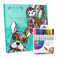 PRONOBEL - Libro Mandala Animales + 12 Plumones Doble Punta Fina/gruesa